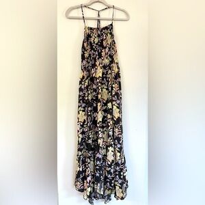 Intimately Free People sz large dark gray w/ floral print strappy smocked maxi